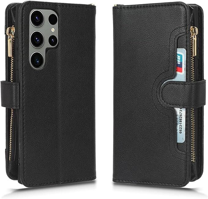 Samsung Galaxy S23/S23 Plus/S23 Ultra用フリップケース、リストバンドカードホルダー付きジッパーウォレットケース、キックスタンド拍卖