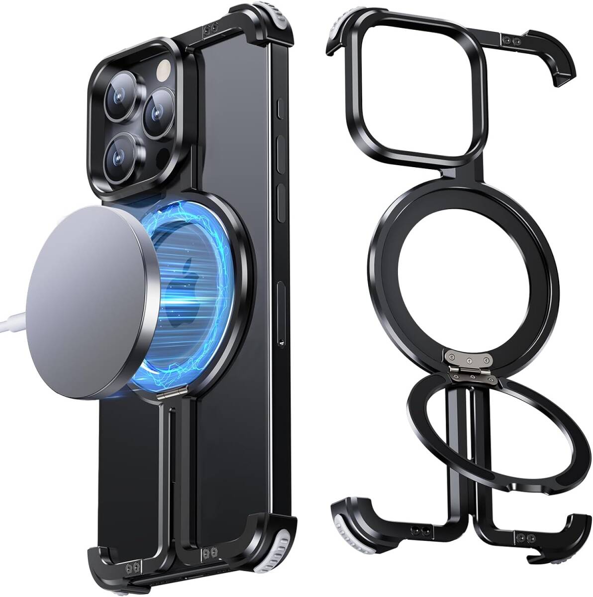 Ogranee iPhone 14Pro Max用 ケース 金属 フレームレス 極薄【多機能回転スタンド】MagSafe対応 ブラック拍卖