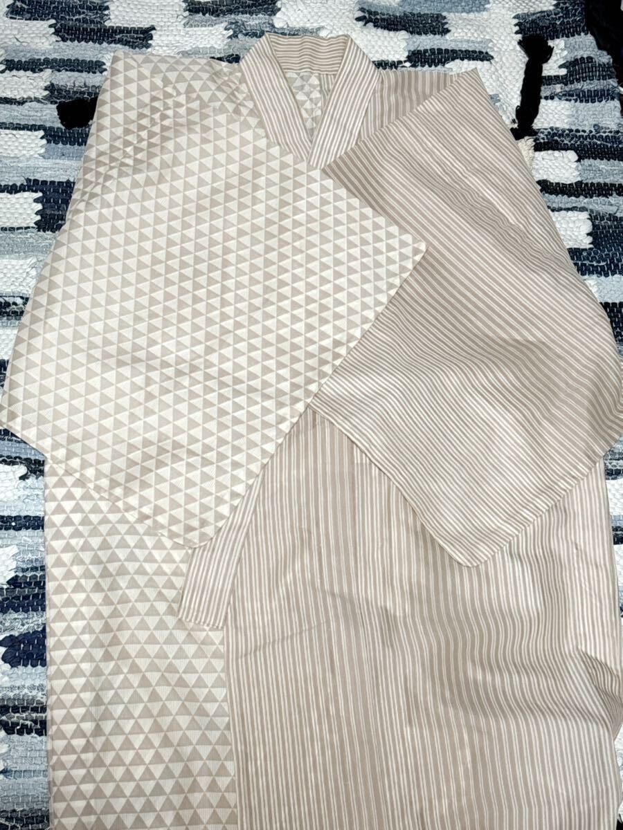 店頭品 三松 ふりふメン★31,900円メンズ片見合わせ浴衣 ウロコ×ストライプ お手入れ簡単 シワになりにくい拍卖