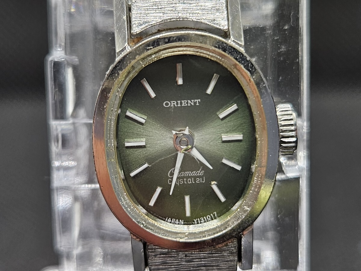 稼働品 ORIENT オリエン レディース腕時計 Chamade シャマード 手巻き式 I120-13101 グリーン文字盤 シルバー 2針 G0822拍卖