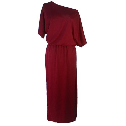 マキシワンピース ゆったり ドルマン オフショルダーデザイン ストレッチ無地半袖(ワインレッド)シンプル 新品拍卖