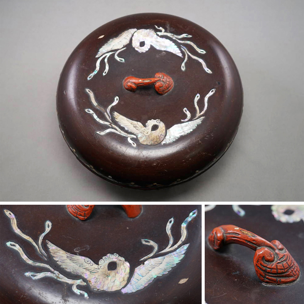 【中国美術】 ★ 漆器 木胎黒漆喜相逢紋香盒 ★ 清朝期 霊芝 蝶々 螺鈿細工 文房清供 検 清代剔紅堆朱蓋物盒子唐物骨董古美術古玩古董拍卖