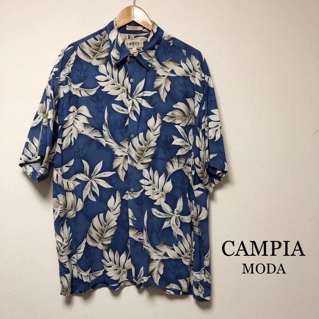 CAMPIA MODA /メンズXL 半袖シャツ アロハシャツ レーヨンシャツ トップス リーフ柄 ブルー系 涼感 レーヨン100% アメカジ USA古着拍卖