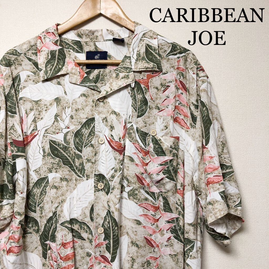 CARIBBEAN JOE /メンズXLアロハシャツ オープンカラーシャツ ハワイアンシャツ リーフ柄 レーヨン100% 涼感 アメカジ USA古着拍卖