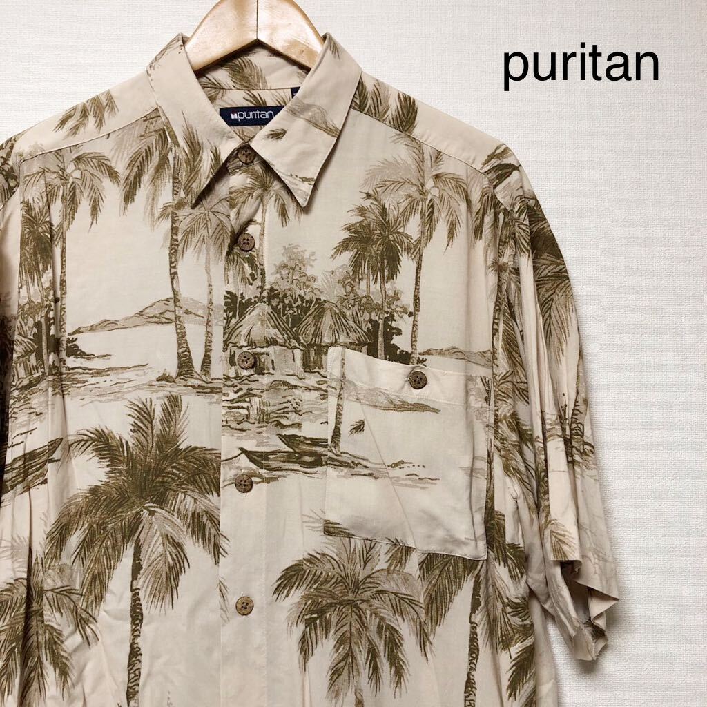 puritan /ピューリタン /メンズL アロハシャツ 半袖シャツ レーヨンシャツ ハワイアンシャツ 総柄 パームツリー 涼感 アメカジ USA古着拍卖