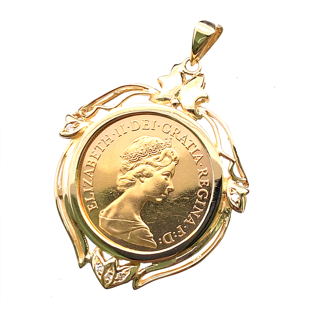 21161 ソブリン金貨 聖ジョージ竜退治 コイントップ エリザベス2世 イギリス 1981年 K18/22 12.7g ダイヤモンド ペンダントトップ拍卖