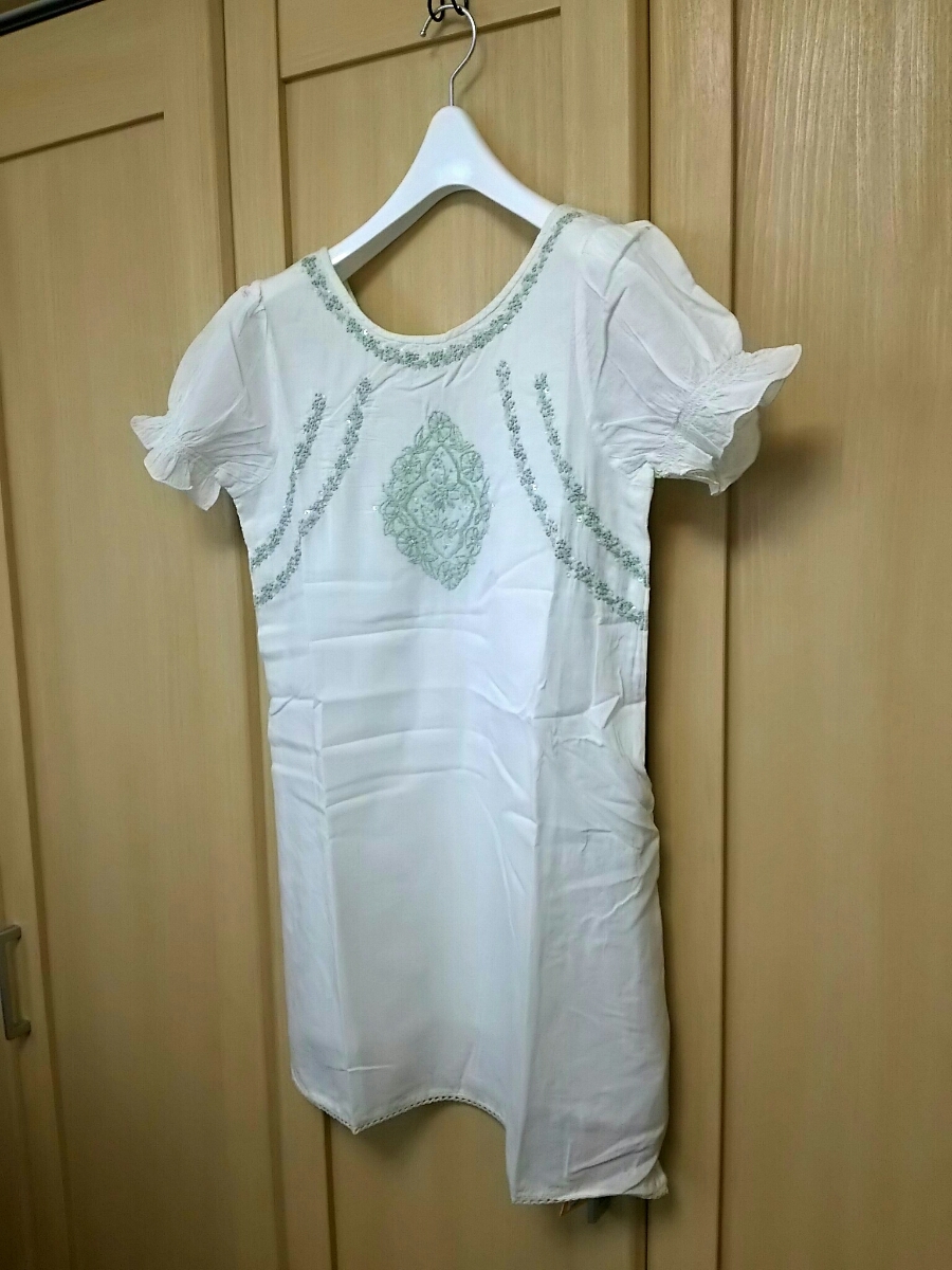 タグ付 Amina Fサイズ アミナ カシミュール刺繍 バックリボン チュニック インド綿 半袖 エスニックワンピース チャイハネ購入 未使用 新品拍卖