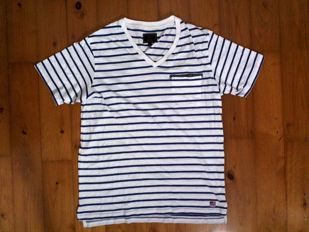 ☆【GUARANTEED】胸ポケット付き Vネック半袖Tシャツ コットンTシャツ L 白 ボーダー拍卖
