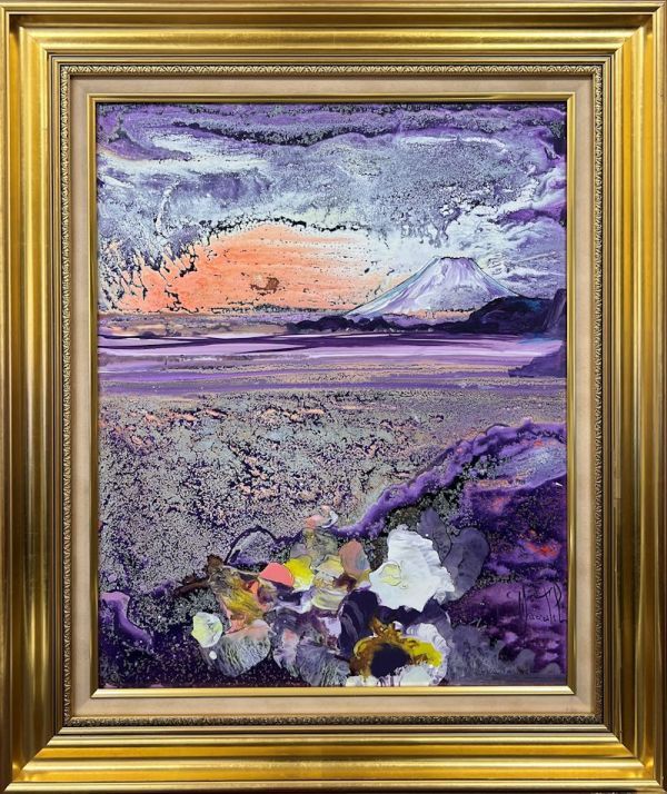 【FCP】 真作保証 マークエステル・スキャルシャフィキ(Marcestel Squarciafichi) アクリル画仏12号 「花咲く富士」額縁裏面にも絵有 k拍卖