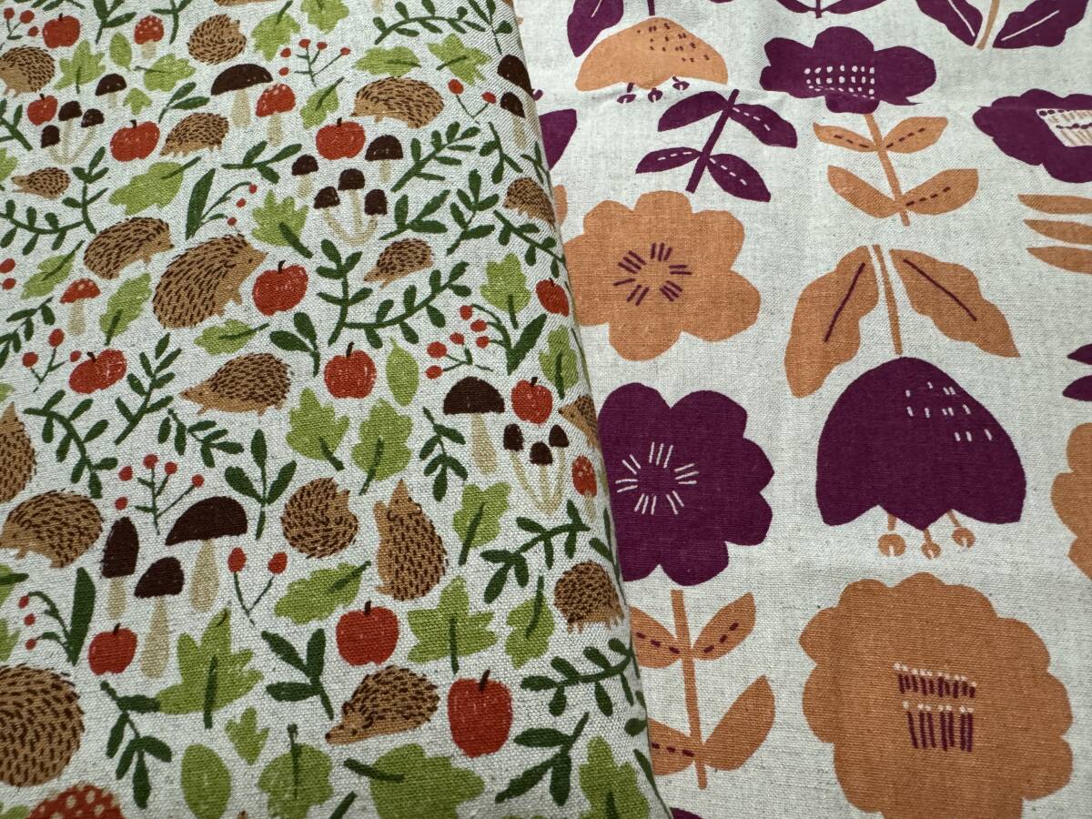4m 綿麻キャンバス 2種 110巾 計400cm フラワー ハリネズミ / 生地 はぎれ 日本製 コットンリネン 綿麻 キャンバス ボタニカル拍卖