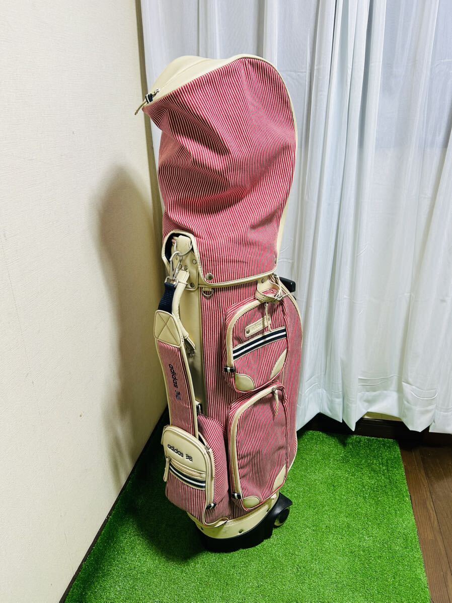 ★ adidas ★ アディダス レディース キャディバッグ ゴルフバッグ キャスター付き 赤白ストライプ/オフホワイト拍卖