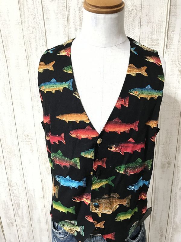 お勧め・美品【USA製】HERMOSA BEACH カラフル フィッシュデザイン ベスト ルアーフィッシング 鱒 ヴィンテージ 拍卖