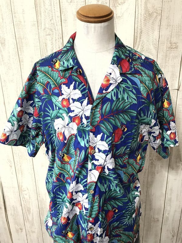 お勧め・ハワイ製アロハ Jade Fashions ハイビスカス ボタニカル アロハシャツ L拍卖