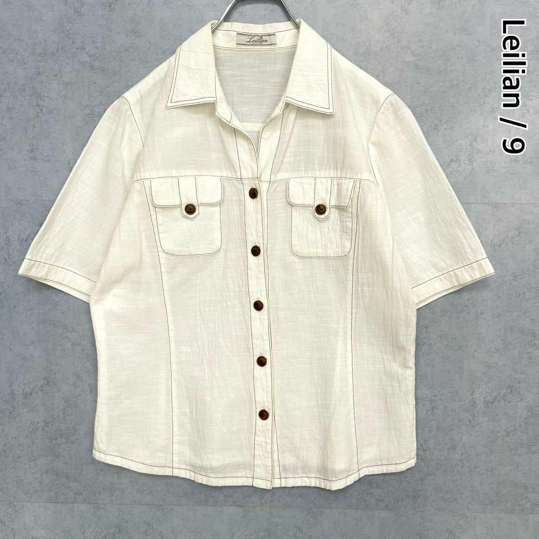 レリアン Leilian ポケット付き リネン混 半袖 シャツ ブラウス 白 9号 Mサイズ拍卖