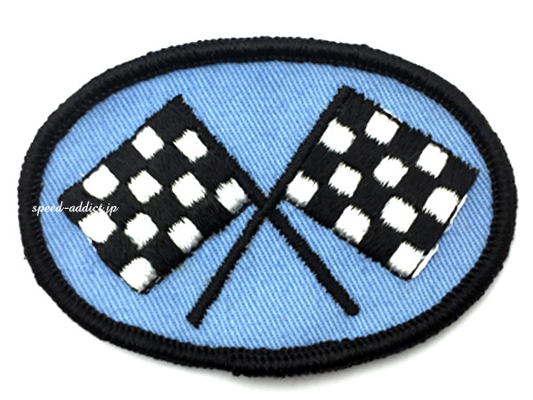 60's VINTAGE CHECKER FLAGS WAPPEN BLUE/ビンテージワッペンアイロン刺繍アップリケオフロードバイクオフ車ダートレースダートトラッカー拍卖