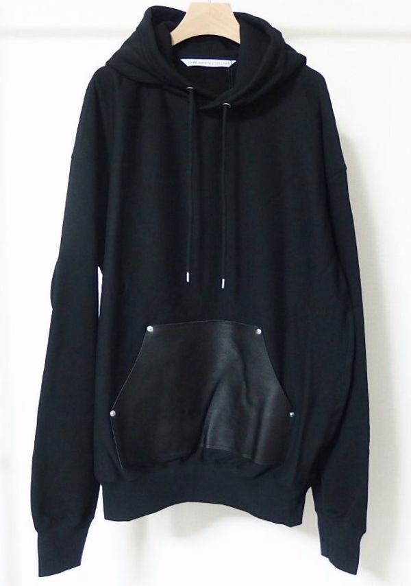 24SS JOHN LAWRENCE SULLIVAN ジョンローレンスサリバン Leather pocket sweat hoodie レザー ポケット スウェット パーカー L 黒拍卖