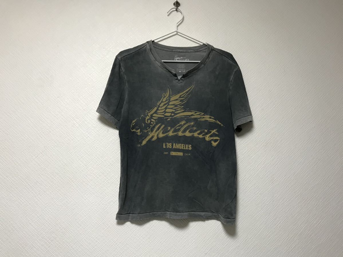 本物ハウスオブハウHOUSEOFHOWEコットン後染め柄キーネックプリント半袖Tシャツメンズサーフアメカジミリタリーワークアメリカ製グレーXS拍卖