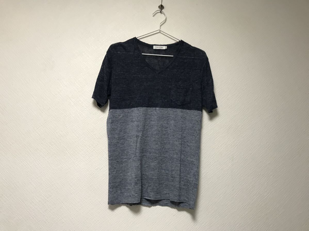 本物ターンミーオンTURNMEONリネン麻ニットVネック半袖TシャツメンズサーフアメカジミリタリーワークビジネススーツM青ブルー柄日本製拍卖