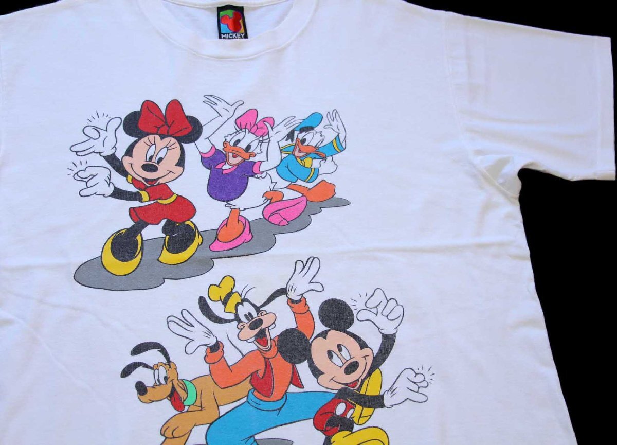 ★90s USA製 Disneyディズニー ミッキー&ミニー マウス ドナルド&デイジーダック グーフィー プルート コットンTシャツ 白★オールド拍卖