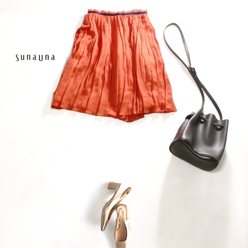 美品 スーナウーナ SunaUna 株) ワールド 春 夏 きれい色 プリーツスカート フレアスカート 9号 38 オレンジ 日本製 綺麗め拍卖