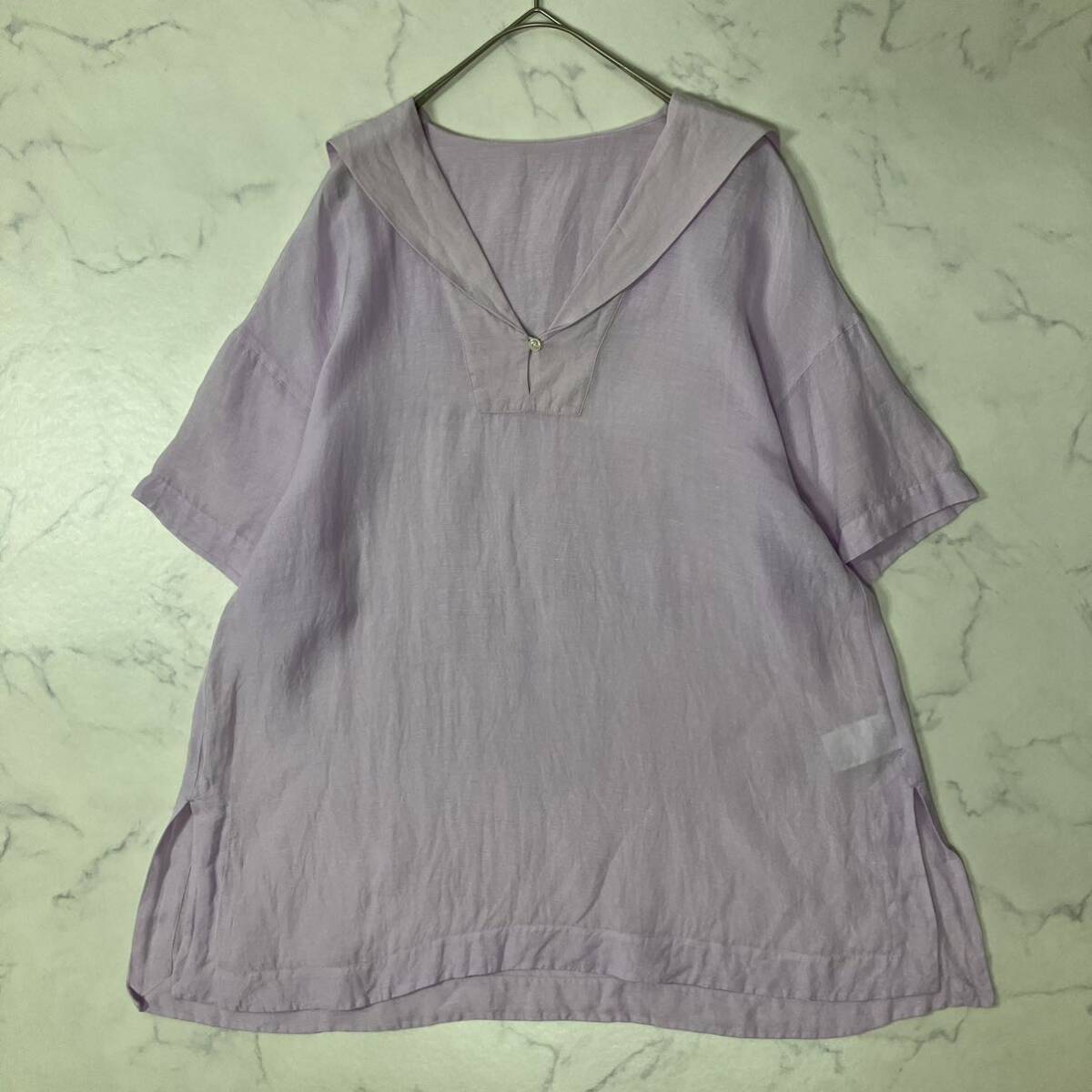 美品 NOLLEY'S ノーリーズ 大きいサイズ ワントーン ボタン セーラーカラー スリット 麻混 透け感 半袖 ブラウス ラベンダー 38拍卖
