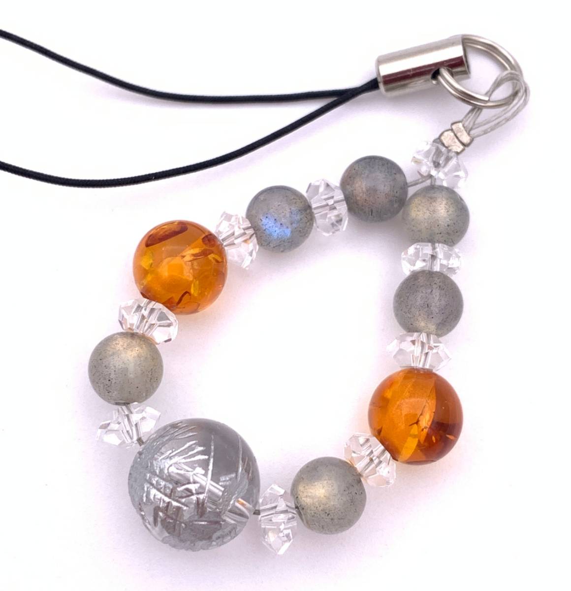 天然石水晶銀彫り青龍&ラブラドライト&アンバーのストラップ拍卖