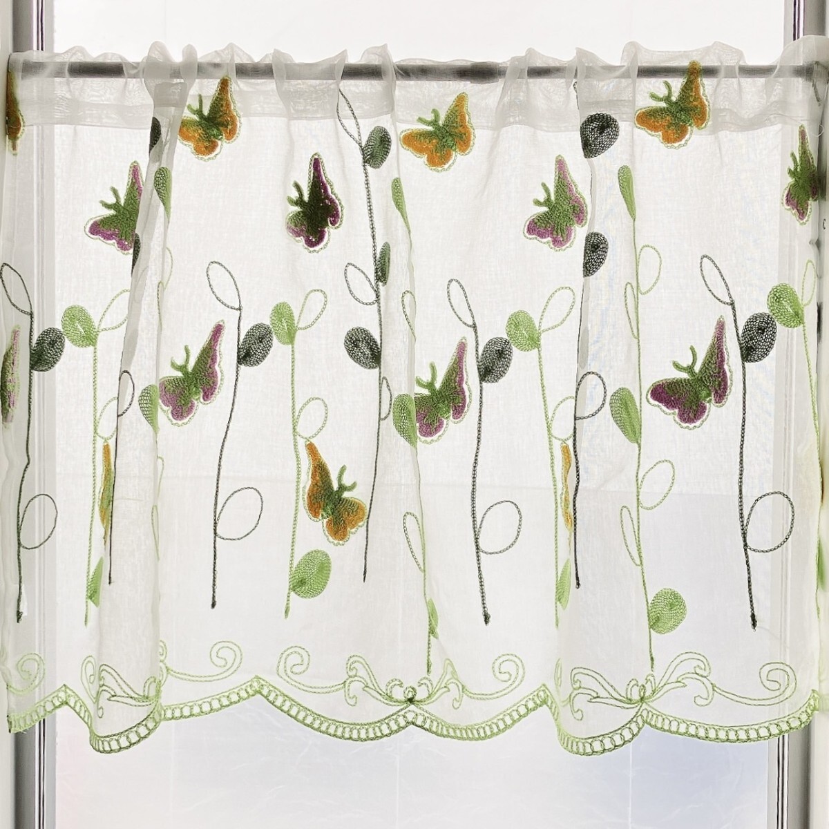 カフェカーテン 蝶々 バタフライ 幅100×丈50 刺繍 小窓 突っ張り棒 出窓拍卖