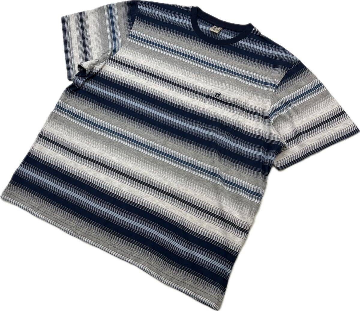 HANG TEN ☆ ハンテン ビッグサイズ◎ 5L マルチ グラデーション ボーダー ネイビー グレー Tシャツ 春夏 アメカジ ストリート 古着■S3742拍卖