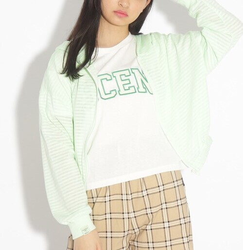 新品 PINK-latte シアーボーダーショート丈パーカー イエローグリーン(025) 16(160cm) 定価3289円拍卖