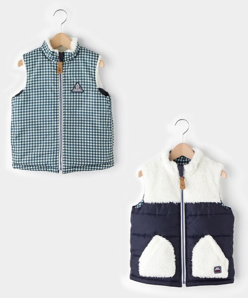 新品 HusHusH(Kids) 【リバーシブル】タフタ×フリース中綿ベスト ネイビー(093) 130cm拍卖