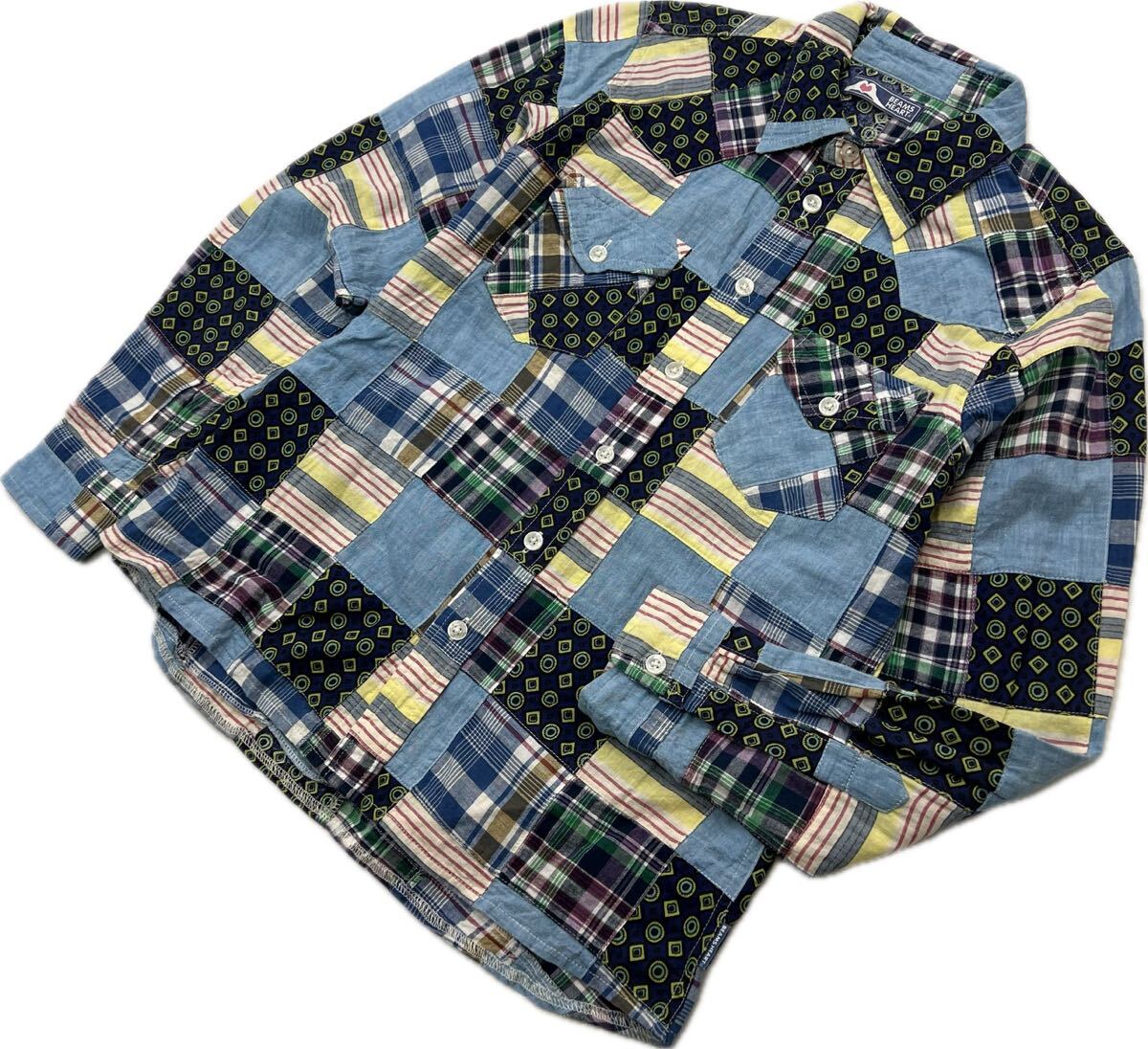 BEAMS HEART ☆ ビームスハート パッチワーク ウエスタン チェック シャツ 長袖 ブルー系 XS 春夏 70sスタイル アメカジ ストリート■S3739拍卖