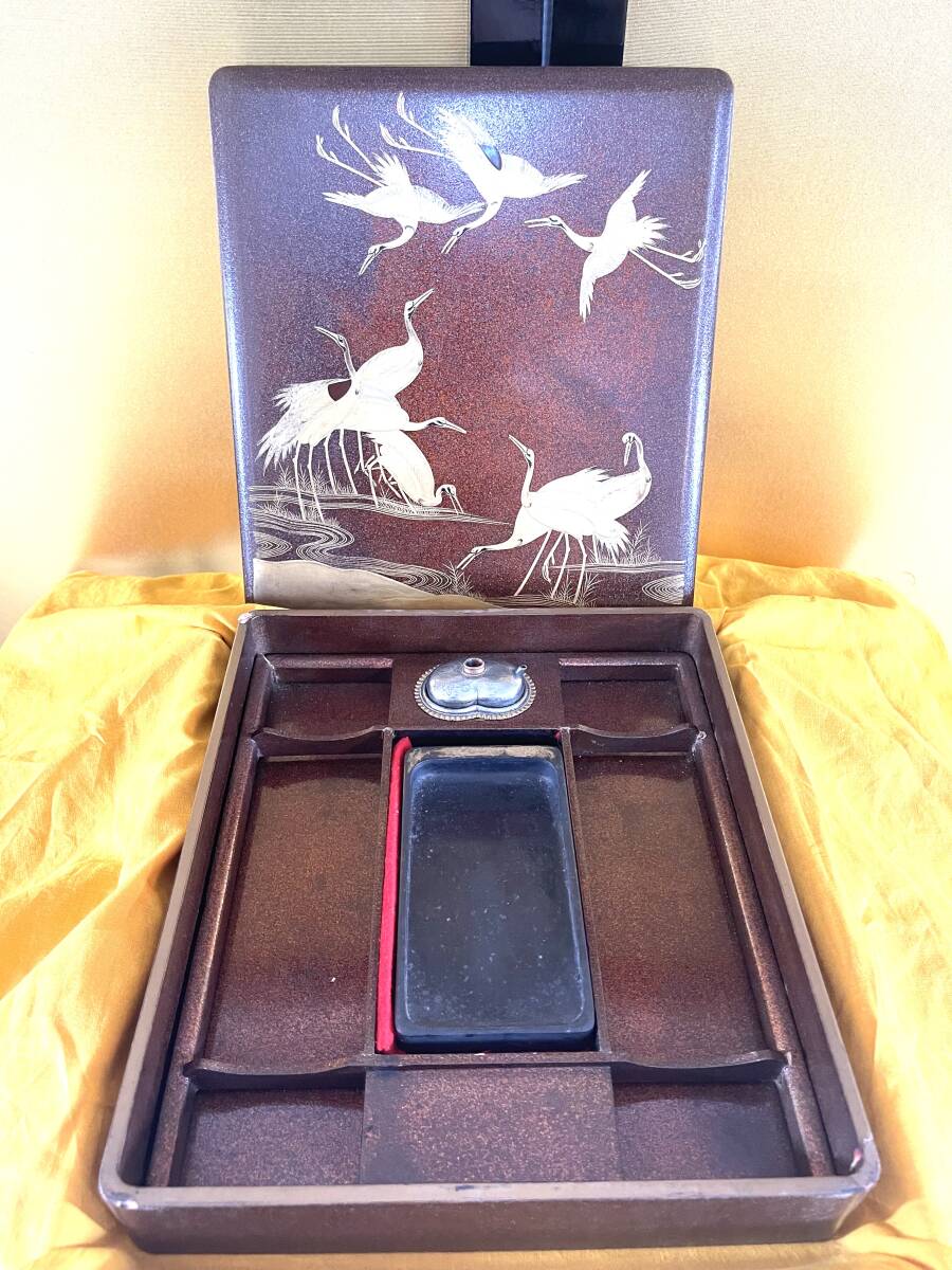 極上品!旧家解体時蔵出し!金彩柄鶴蒔絵硯箱!拍卖