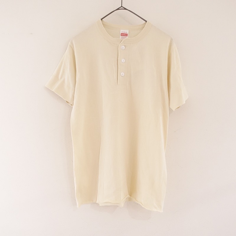 【美品】ヘルスニット Healthknit *コットンヘンリーネックシャツ*M綿薄手半袖カットソーアイボリー(27-2407-52)【50H42】拍卖