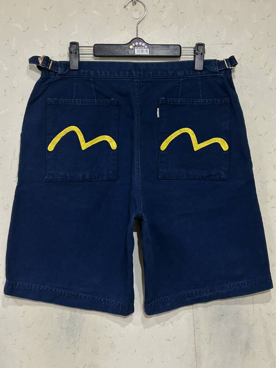 ※EVISU×NECESSARY エヴィス エビス イエローカモメペイントサイドシンチ ダックキャンパスハーフショートパンツ 日本製 濃紺 32 BJBD.G拍卖
