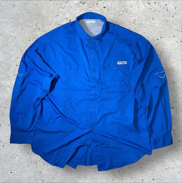 Columbia OMNI-SHADE PFG フィッシング 長袖BDシャツ sizeXL ブルー系 ピスネーム ベンチレーション 刻印ボタン スリット コロンビア 古着拍卖