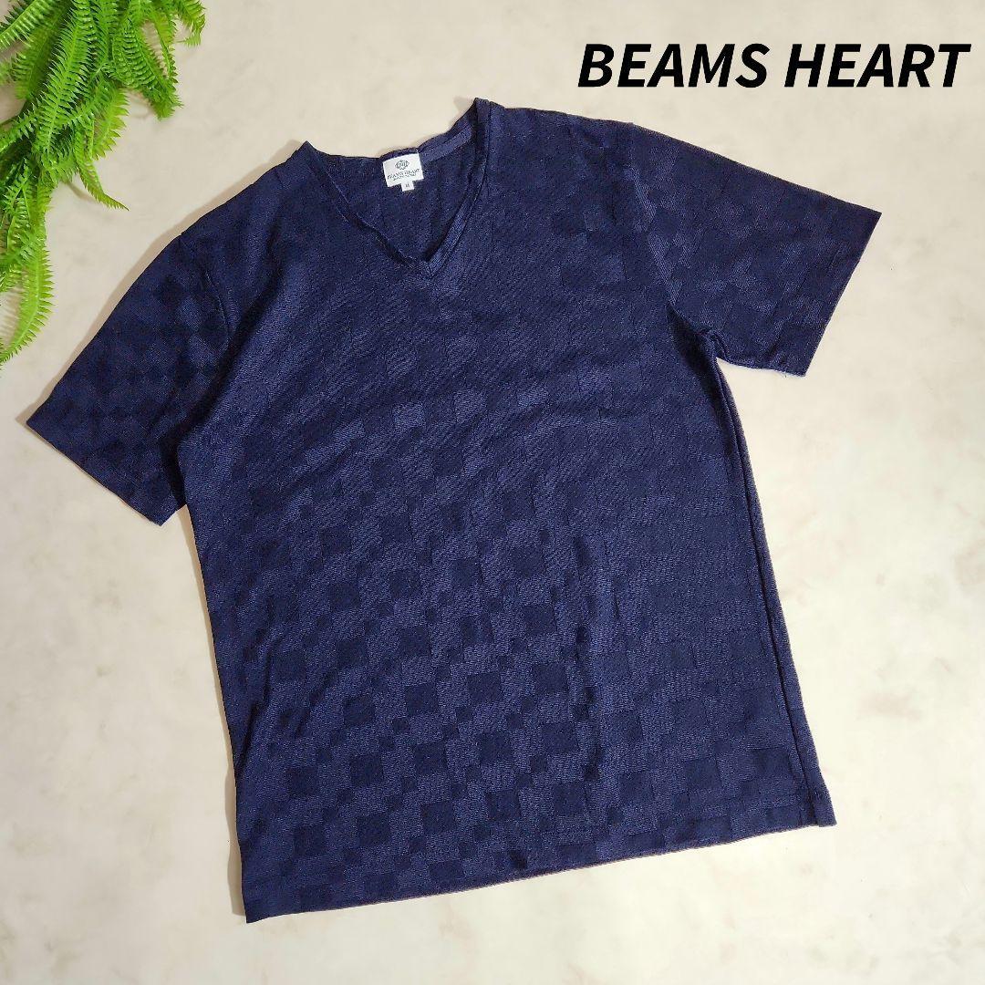 BEAMS HEART ブロックチェック・Vネック半袖Tシャツ・ネイビー3468拍卖