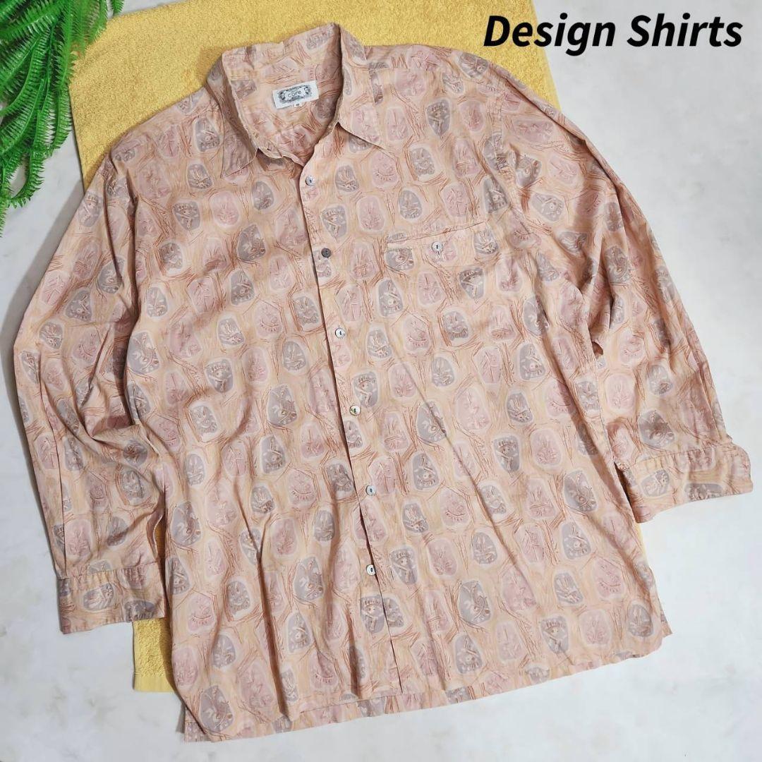 UOMO CORE サーモンピンク・総柄・長袖シャツ・やや薄手 貝殻ボタン レトロ古着 ユニセックス68447拍卖