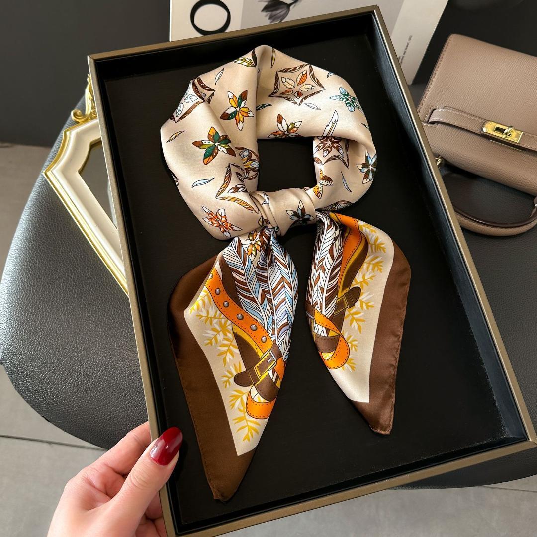 大判 きれいめ スカーフ バック おしゃれ  巻き方 首元 飾り 70cm ブラウン ボタニカル フェザー 自然拍卖