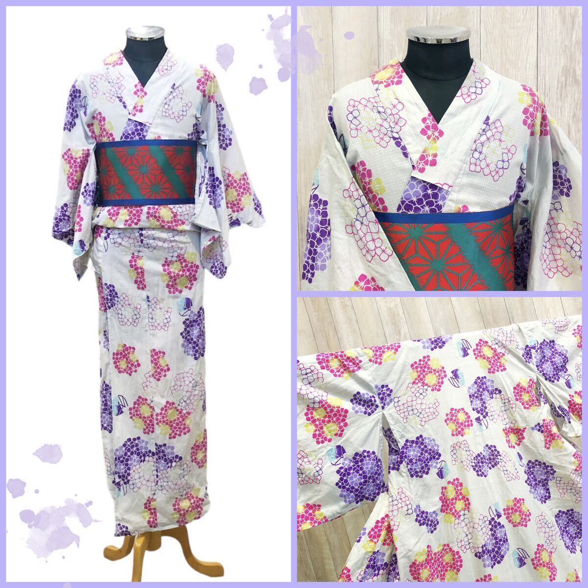 浴衣 女性 ゆかた 紫陽花 白 着物 和装 祭り 花火大会 きもの かわいい 個性的 和服 まつり 夏 花火 身丈158cm ゆき丈61.5cm■0817KH③拍卖