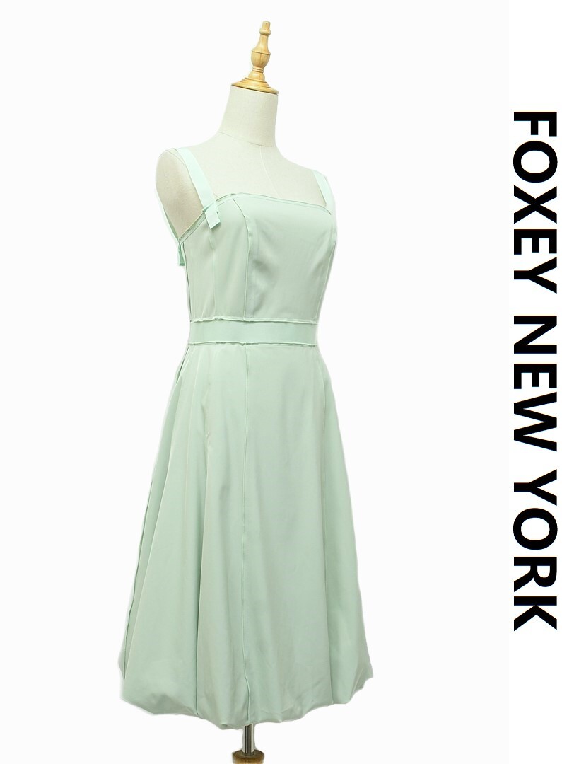 K399/美品 FOXEY NEW YORK ひざ丈ワンピース ドレス バルーンスカート フレア 40 L 緑 ミントグリーン拍卖