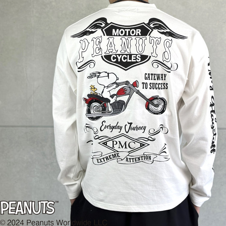 SNOOPY スヌーピーxFLAGSTAFFコラボ長袖Tシャツ ロンT 443070 ホワイト L アメカジ バイカー バイク キャラクター PEANUTS拍卖