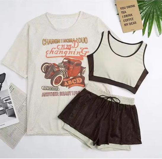 【XLサイズ brown 3点セット】女性用スリーピーススポーツ水着、ルーズカバーアップ、日焼け止め、学生、温泉、学生モデル、スプリット拍卖