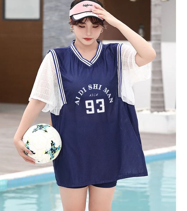 【7Lサイズ blue3点セット】女性用タンキニ水着,3点セット,水着,ハイウエスト,水着,カバー付きビーチウェア,ラージサイズ拍卖