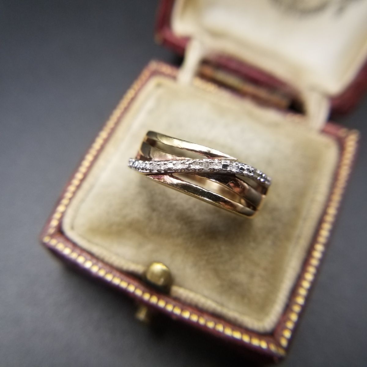 ダイヤモンド 4石 ウェーブライン 925 シルバー ヴィンテージ リング ゴールドプレート クラシカル エレガント 上品 Y18-O拍卖