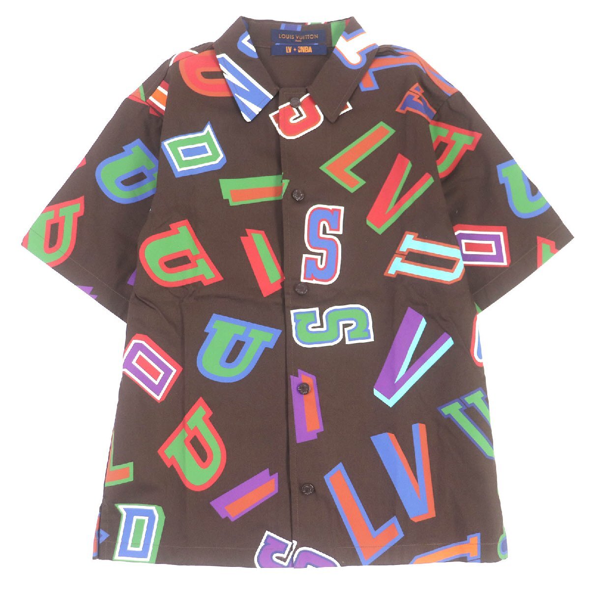 未使用品□LOUIS VUITTON ルイヴィトン 21AW コットン NBAコラボ バスケットボール レター 半袖 オーバーシャツ 茶 XS イタリア製 正規品拍卖