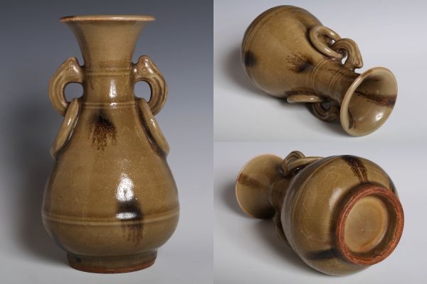 V2121 中国陶器 飛青磁不遊環双耳付瓶 花瓶 花器 花入 茶道具 華道具 検:青瓷 青磁 不遊鐶 不遊環 官窯 中国 古玩 唐物拍卖