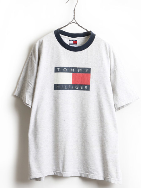 大きいサイズ XL 90's USA製 ■ トミーヒルフィガー フラッグ ロゴ プリント 半袖 Tシャツ ( 男性 メンズ ) 90年代 古着 TOMMY HILFIGER 灰拍卖