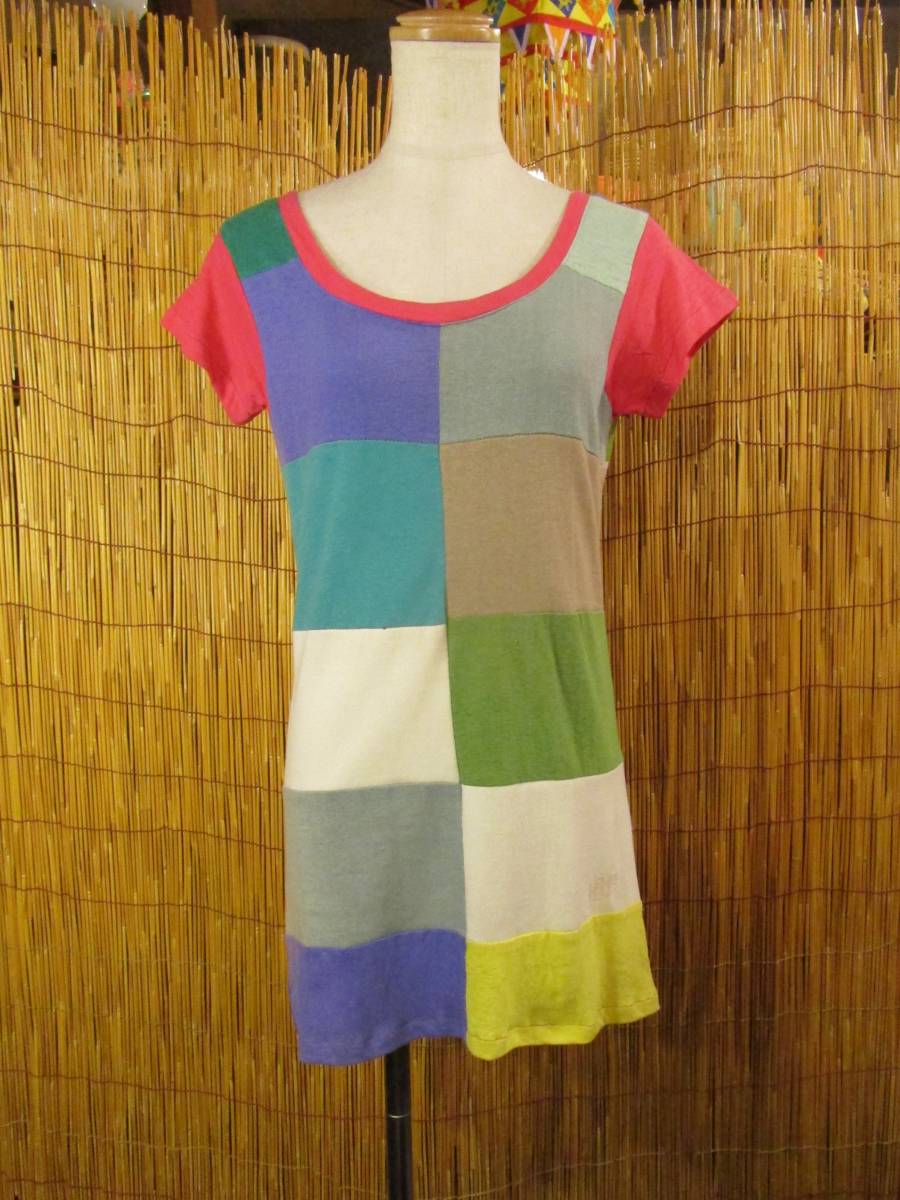 ①新品*ヘンプコットン素材*ブロックチェック*切り替えカラー*小さめ*ミニワンピース拍卖