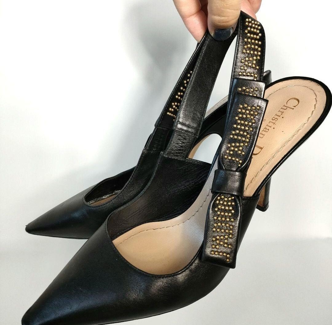 【極美品】 クリスチャン ディオール J'Adior スタッズ ストラップ パンプス サイズ38 レザー ヒール 靴 ブラック 黒 レディース 人気拍卖