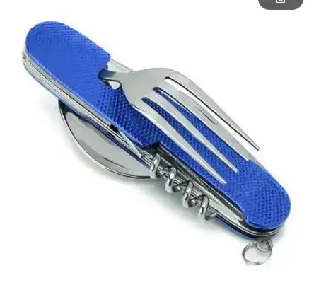 新品 多機能 折りたたみ式 ブルー 食器 ナイフ スプーン フォーク 栓抜き コルク栓 分割 カトラリー アウトドア キャンプ 送料無料 01拍卖